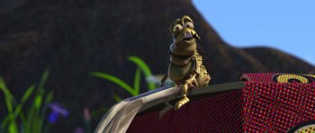 Movie still from “A Bug's Life” (1998), directed by John Lasseter – An animated creature is sitting on top of a chair; Extreme Close Up shot, Low angle