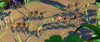 Movie still from “A Bug's Life” (1998), directed by John Lasseter – A group of people standing next to each other on a dirt field; Extreme Wide shot, Overhead angle