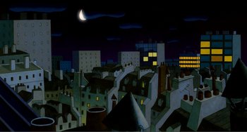 Movie still from “A Cat in Paris” (2010), directed by Alain Gagnol – A painting of a city at night with a moon in the background; Extreme Wide shot, Low angle