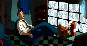 Movie still from “A Cat in Paris” (2010), directed by Alain Gagnol – An animated man sitting on the floor in front of a window; Wide shot, High angle