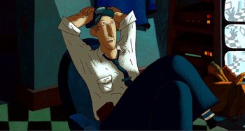 Movie still from “A Cat in Paris” (2010), directed by Alain Gagnol – An animated man sitting in a chair with his hands behind his head; Wide shot, Overhead angle