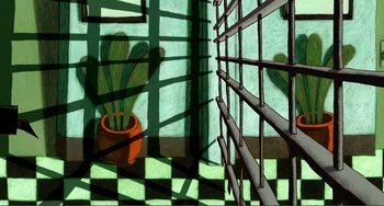 Movie still from “A Cat in Paris” (2010), directed by Alain Gagnol – A potted plant sitting in front of a window; Extreme Wide shot, Overhead angle