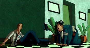 Movie still from “A Cat in Paris” (2010), directed by Alain Gagnol – A cartoon of a man sitting on the ground next to another man; Wide shot, Overhead angle