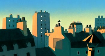Movie still from “A Cat in Paris” (2010), directed by Alain Gagnol – An oil painting of a city skyline at dusk; Extreme Wide shot, Low angle