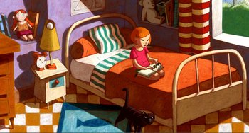 Movie still from “A Cat in Paris” (2010), directed by Alain Gagnol – A girl sitting on a bed playing a video game with a black cat nearby; Wide shot, Overhead angle