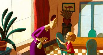 Movie still from “A Cat in Paris” (2010), directed by Alain Gagnol – A woman and a child are talking in a room; Wide shot, High angle