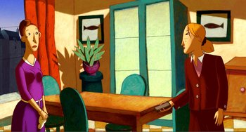 Movie still from “A Cat in Paris” (2010), directed by Alain Gagnol – Two people sitting at a table in front of a plant; Extreme Wide shot, Over the shoulder angle