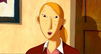 Movie still from “A Cat in Paris” (2010), directed by Alain Gagnol – An animated picture of a woman in a red shirt; Close Up shot, Overhead angle