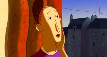 Movie still from “A Cat in Paris” (2010), directed by Alain Gagnol – An animated picture of a man with a purple shirt; Close Up shot, Low angle