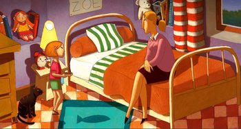 Movie still from “A Cat in Paris” (2010), directed by Alain Gagnol – A woman sitting on a bed next to a child; Wide shot, High angle