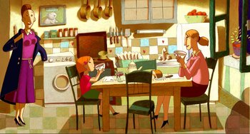 Movie still from “A Cat in Paris” (2010), directed by Alain Gagnol – Two women are sitting at a table in a kitchen; Wide shot, Low angle