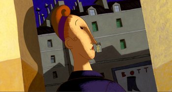 Movie still from “A Cat in Paris” (2010), directed by Alain Gagnol – A cartoon of a woman with a purple head band; Close Up shot, Low angle