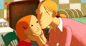 Movie still from “A Cat in Paris” (2010), directed by Alain Gagnol – A woman and a child are kissing each other; Close Up shot, High angle