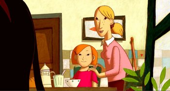 Movie still from “A Cat in Paris” (2010), directed by Alain Gagnol – A cartoon of a woman and a girl; Medium shot, Overhead angle