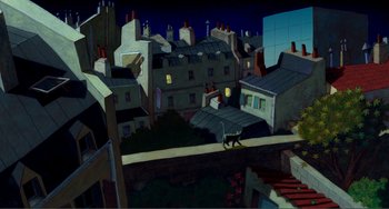 Movie still from “A Cat in Paris” (2010), directed by Alain Gagnol – A painting of a cat walking on a bridge over a river; Extreme Wide shot, High angle