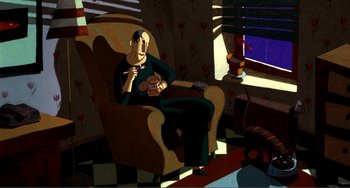 Movie still from “A Cat in Paris” (2010), directed by Alain Gagnol – An animated person sitting in a chair with a remote control; Wide shot, High angle