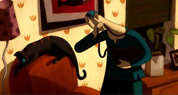 Movie still from “A Cat in Paris” (2010), directed by Alain Gagnol – An illustration of a person holding a cat; Medium shot, Overhead angle