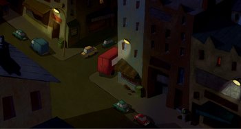 Movie still from “A Cat in Paris” (2010), directed by Alain Gagnol – An animated picture of a city at night time; Extreme Wide shot, High angle
