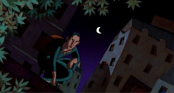 Movie still from “A Cat in Paris” (2010), directed by Alain Gagnol – An animated man is sitting on a ledge; Wide shot, Overhead angle