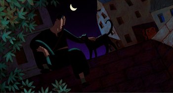 Movie still from “A Cat in Paris” (2010), directed by Alain Gagnol – A man sitting on a ledge next to a black cat at night; Wide shot, Overhead angle