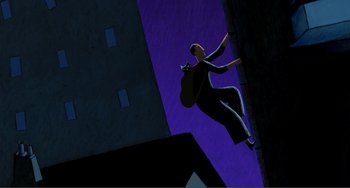 Movie still from “A Cat in Paris” (2010), directed by Alain Gagnol – A man is jumping in the air on a skateboard; Extreme Wide shot, Low angle