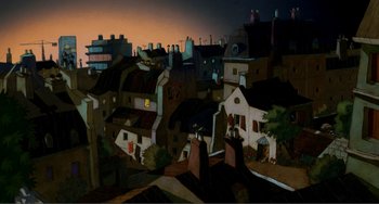 Movie still from “A Cat in Paris” (2010), directed by Alain Gagnol – An oil painting of a city at night; Extreme Wide shot, High angle