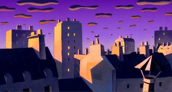 Movie still from “A Cat in Paris” (2010), directed by Alain Gagnol – A painting of a city skyline at night; Extreme Wide shot, High angle