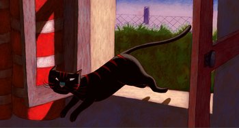 Movie still from “A Cat in Paris” (2010), directed by Alain Gagnol – A black cat is running on the ground; Wide shot, Low angle