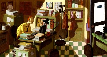 Movie still from “A Cat in Paris” (2010), directed by Alain Gagnol – An artist's rendering of a room filled with stacks of books; Wide shot, High angle