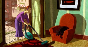 Movie still from “A Cat in Paris” (2010), directed by Alain Gagnol – A woman is vacuuming in a living room with a black cat; Wide shot, High angle