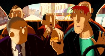 Movie still from “A Cat in Paris” (2010), directed by Alain Gagnol – A group of people sitting in the back of a car; Close Up shot, Overhead angle