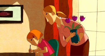 Movie still from “A Cat in Paris” (2010), directed by Alain Gagnol – A cartoon of a woman and a girl writing on a paper; Wide shot, High angle