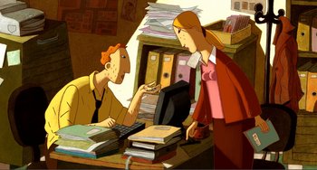 Movie still from “A Cat in Paris” (2010), directed by Alain Gagnol – A cartoon of a man and a woman at a desk; Medium shot, High angle
