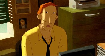Movie still from “A Cat in Paris” (2010), directed by Alain Gagnol – An animated man in a yellow shirt and a red tie; Close Up shot, High angle