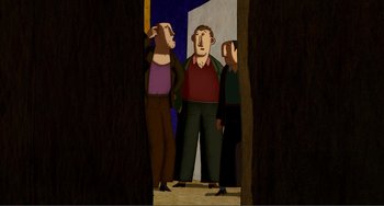 Movie still from “A Cat in Paris” (2010), directed by Alain Gagnol – A group of people standing next to each other in a room; Wide shot, High angle
