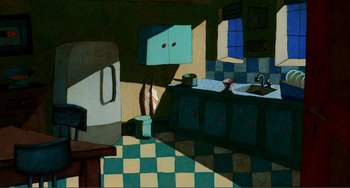 Movie still from “A Cat in Paris” (2010), directed by Alain Gagnol – An oil painting of a kitchen with a sink and a refrigerator; Extreme Wide shot, High angle