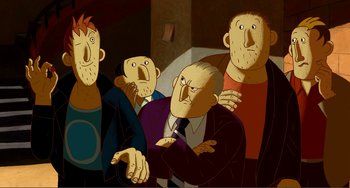 Movie still from “A Cat in Paris” (2010), directed by Alain Gagnol – A group of people standing next to each other in a room; Medium shot, Low angle