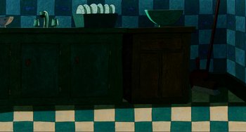 Movie still from “A Cat in Paris” (2010), directed by Alain Gagnol – An oil painting of a kitchen with a checkerboard floor; Extreme Wide shot, Overhead angle