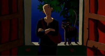 Movie still from “A Cat in Paris” (2010), directed by Alain Gagnol – A man standing next to a black cat on a porch; Wide shot, Low angle