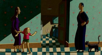 Movie still from “A Cat in Paris” (2010), directed by Alain Gagnol – A painting of a woman and a man in a kitchen; Wide shot, Over the shoulder angle