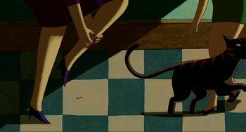 Movie still from “A Cat in Paris” (2010), directed by Alain Gagnol – A painting of a woman and a black cat on a checkerboard floor; Wide shot, Overhead angle