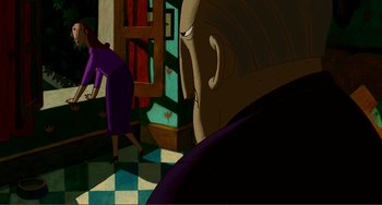 Movie still from “A Cat in Paris” (2010), directed by Alain Gagnol – An animated picture of a woman and a man; Wide shot, Over the shoulder angle