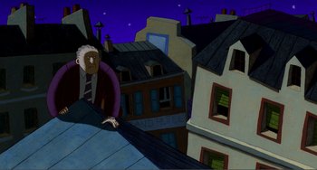 Movie still from “A Cat in Paris” (2010), directed by Alain Gagnol – An animated man standing on top of a building; Wide shot, Low angle
