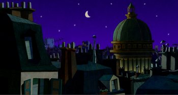 Movie still from “A Cat in Paris” (2010), directed by Alain Gagnol – An artistic painting of a city skyline at night; Extreme Wide shot, Low angle
