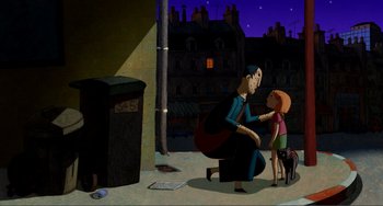 Movie still from “A Cat in Paris” (2010), directed by Alain Gagnol – An animated scene of a man and a little girl with a guitar; Wide shot, Over the shoulder angle