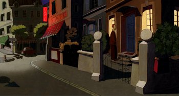 Movie still from “A Cat in Paris” (2010), directed by Alain Gagnol – An illustration of a street corner with buildings and a statue of a man; Extreme Wide shot, Low angle