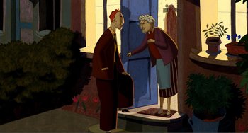 Movie still from “A Cat in Paris” (2010), directed by Alain Gagnol – An old woman is talking to a young man outside; Wide shot, Over the shoulder angle