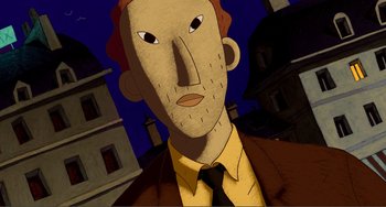 Movie still from “A Cat in Paris” (2010), directed by Alain Gagnol – An animated picture of a man in a suit and tie; Close Up shot, Overhead angle
