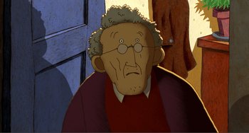 Movie still from “A Cat in Paris” (2010), directed by Alain Gagnol – An old man wearing glasses and a red sweater; Close Up shot, Low angle