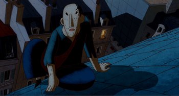 Movie still from “A Cat in Paris” (2010), directed by Alain Gagnol – An animated man sitting on the roof of a building; Wide shot, Overhead angle